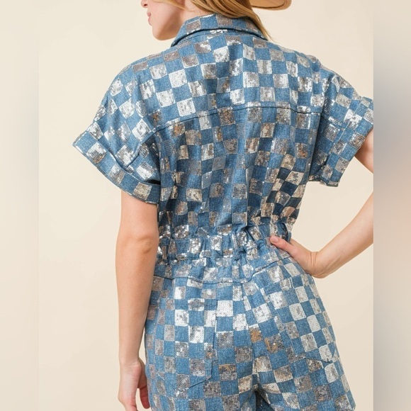 Sequin Checker Denim Romper - Picture 2 of 3